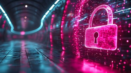 A glowing pink padlock icon superimposed on a futuristic neon lit digital tunnel