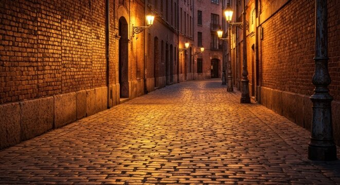 Cobblestone alleyway at dawn, lined with old brick buildings and warm golden light from street lamps