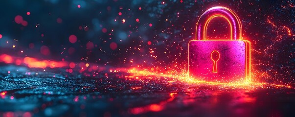 A neon lit metallic padlock symbolizes digital security with glowing sparks and abstract bokeh