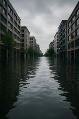 Fototapeta premium Rising sea level flooding urban street no humans