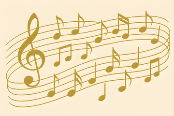 This artistic depiction shows several gold music notes and symbols gracefully arranged on a musical staff. The illustration has a simple elegant design on a light background.