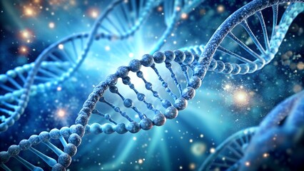 Abstract 3d rendering of a dna double helix structure with glowing particles and light effects in a blue background