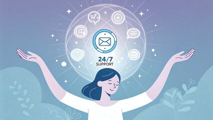 A woman with open arms presenting 247 online support with email, chat, and social media icons, offering assistance and customer service solutions