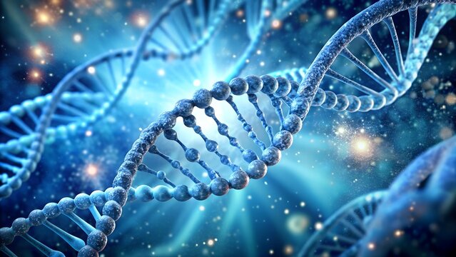 Abstract 3d rendering of a dna double helix structure with glowing particles and light effects in a blue background