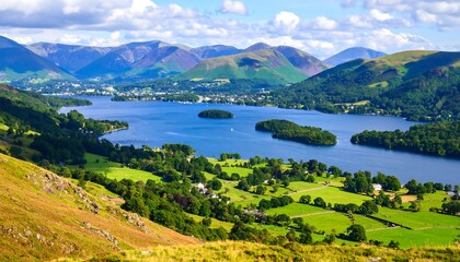 Panoramic View of Derwentwater Lake, Cumbria, England, with Mountains and Lush Green Fields