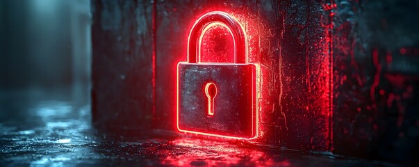 A glowing red neon padlock on a dark textured wall symbolizes digital security and protection