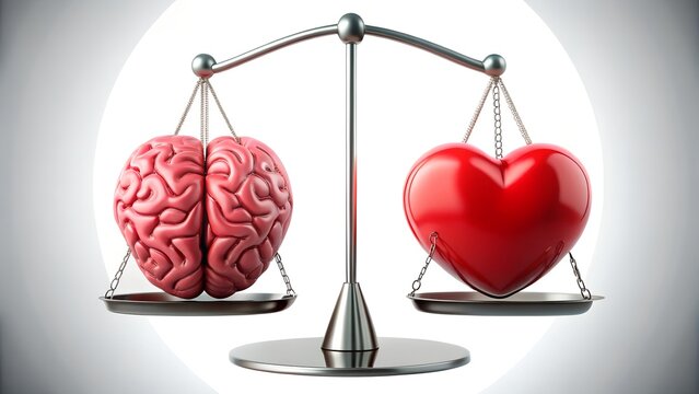 A scale balancing a brain on one side and a heart on the other, representing the choice between logic and emotion isolated on white background