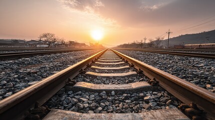 Fototapeta premium Railroad tracks stretching toward the horizon at sunset, symbolizing journeys and the passage of time. The warm light creates a sense of adventure.