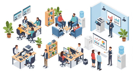Fototapeta premium Isometric business scenes collection illustrating a modern corporate workflow, teamwork, and data analysis presentations in a smart office