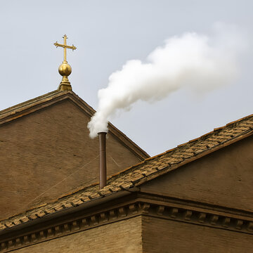 This image depicts the traditional signal for a papal election conclave. White smoke indicates a new pope has been successfully chosen in Vatican City.
