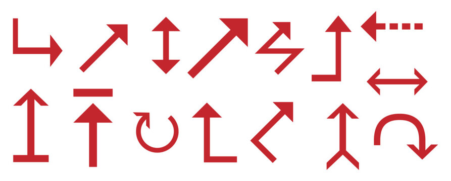 Set of red arrow icons. Red arrow pointing down, falling concept of loss market crash, falling red arrow indicating a decrease in value. vector illustration