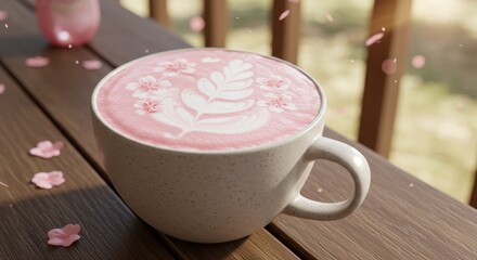 Delicate Floral Latte Art in a Cozy Outdoor Setting with Pink Petals on Wooden Table