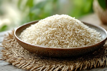 Rustic bowl containing uncooked white rice grains high resolution picture