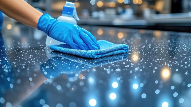 Cleaning countertop with blue gloves in modern facility