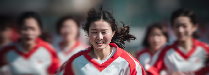 Smiling Japanese schoolgirls enjoy an after school soccer game, promoting active living and meaningful friendships through play.