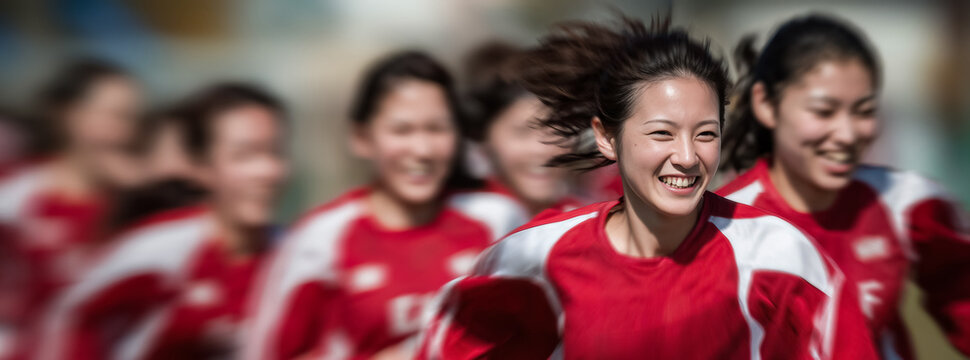 Smiling Japanese schoolgirls enjoy an after school soccer game, promoting active living and meaningful friendships through play.