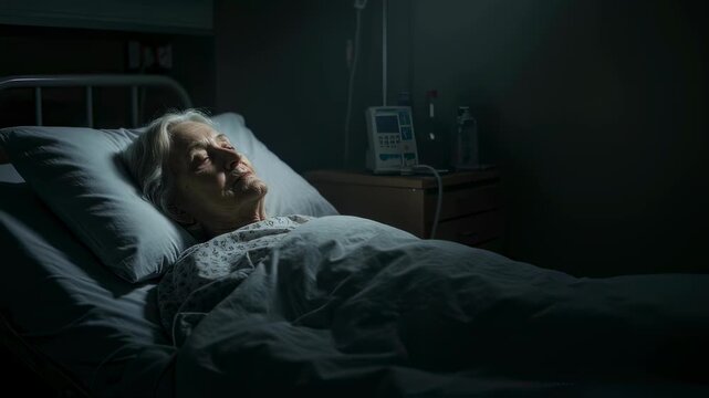 Caucasian elderly woman lying awake in hospital bed with infusion in dark room. Medical care concept.