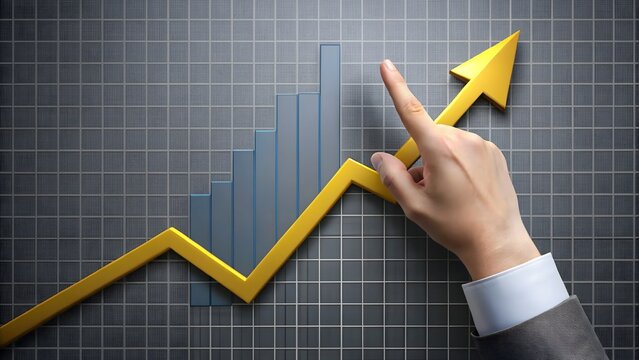 Grayscale hand pointing at bright yellow upward trend graph on dark gray grid, symbolizing financial growth and market success
