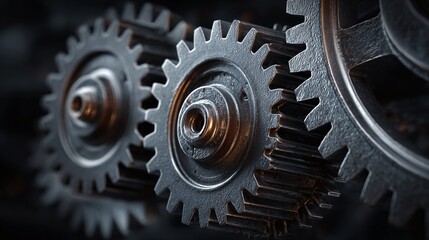 Interlocking Gears: A close-up view of mechanical gears, emphasizing precision and engineering. Ideal for concepts of teamwork, movement, and industry.