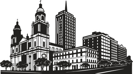 Obraz premium Vector art of silhouette of a city skyline featuring a church, buildings, and urban architecture