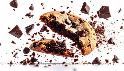 chocolate cookie and chocolate chunks on a white background