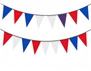 Two rows of triangular flags in red, blue, white, and purple