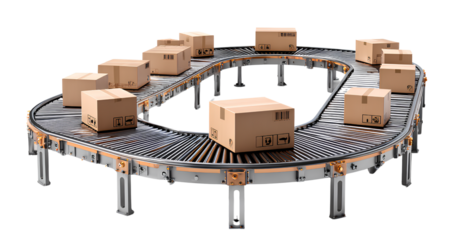 futuristic conveyor belt with cardboard boxes isolated on transparent background