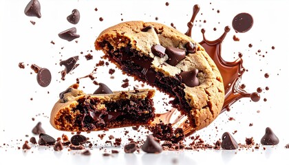 chocolate cookie and chocolate chunks on a white background