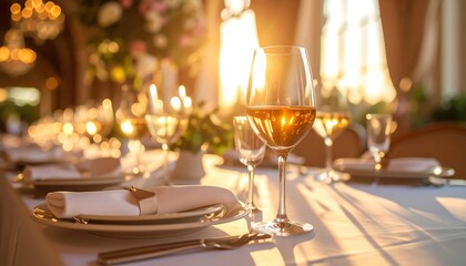 Elegant Dinner Table Setting with Wine Glass, Sunlit Interior
