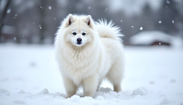 The fluffy white Samoyed stood proudly in the snow covered field, its thick double coat protecting it from the biting cold wind as it playfully chased snowflakes in the crisp winter air.