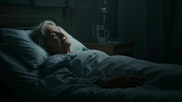 Older woman patient sleeping in hospital bed, concept of healthcare crisis and elderly care, medical illness situation.