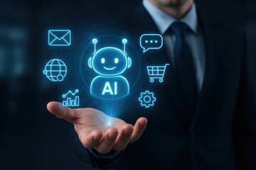 Obraz premium AI Assistant in Business: A business professional cradles a glowing digital avatar of an artificial intelligence (AI) assistant, surrounded by icons representing various business functions.