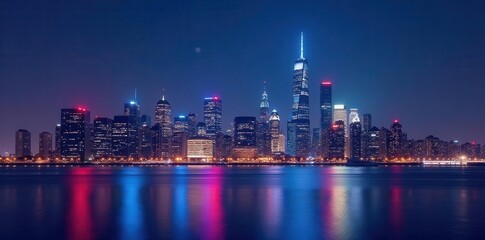 Fototapeta premium Vibrant cityscape wallpaper featuring iconic skyline at night with colorful lights and skyscrapers, perfect for urban-themed decor , downtown, night