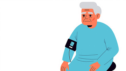 Elderly patient recovering from leg injury wearing a light blue garment and observing a medical device on arm illustration