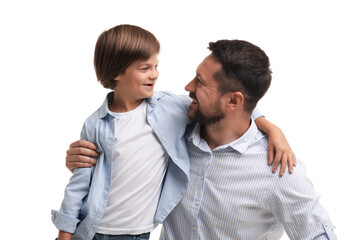 Father and son posing on white background