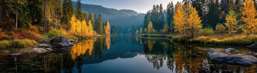 A forest lake mirrors golden trees, dawns light perfects the tranquil autumn skyline