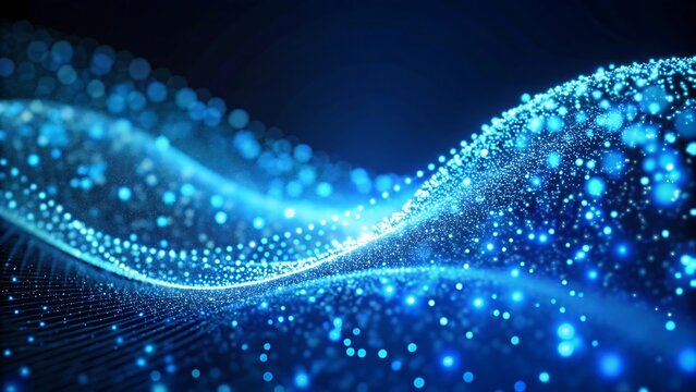 Abstract blue wave of glowing particles, digital data stream, futuristic background - Powered by Adobe
