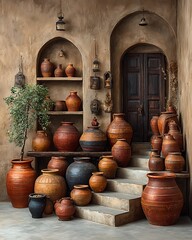 Rustic ceramic pots arranged on stairs high resolution picture
