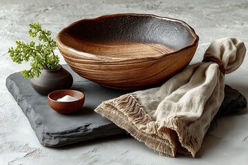 Rustic clay bowl on wooden plate high resolution picture