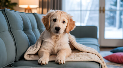 Cute golden retriever puppy relaxing on sofa with blanket indoors