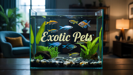 Colorful tropical fish swimming in glass aquarium with plants and stones indoors