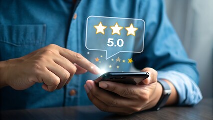 Customer experience concept man using smartphone to give a 50 star rating, positive review, satisfaction, service, and feedback on mobile app
