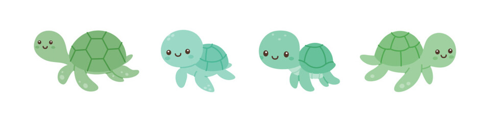 Sea turtle cartoon set. Cute style marine animals for ocean and wildlife designs