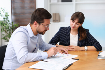Consultant working with client at table in office. Business meeting