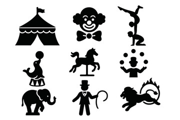 Circus silhouette icon set with performers and animals. Vector graphic collection with big top tent, clown, acrobat, juggler, ringmaster, elephant, seal, and wild lion.