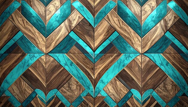 Geometric wood and teal mosaic wall