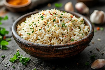 Rustic herb rice presentation style high resolution picture
