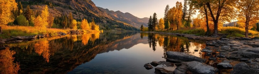 Early autumns glow, golden trees embrace the calm lake, serene reflections at sunrise
