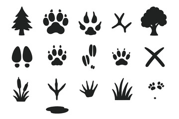 Silhouette animal tracks and habitat elements icon set, vector cartoon illustration with transparent background, wildlife footprints, paw prints, tree, grass, pond, and nature elements collection