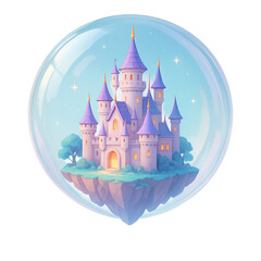 Fototapeta premium Charming Illustration - Enchanted Floating Castle in Magical Bubble Sky featuring soft lighting, pastel tones, expressive characters, and whimsical design elements for storytelling and merchandise.